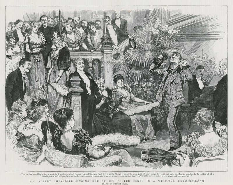 Mr. Albert Chevalier singt eines seiner Coster-Lieder in einem West-End-Salon (Stich) von William Small
