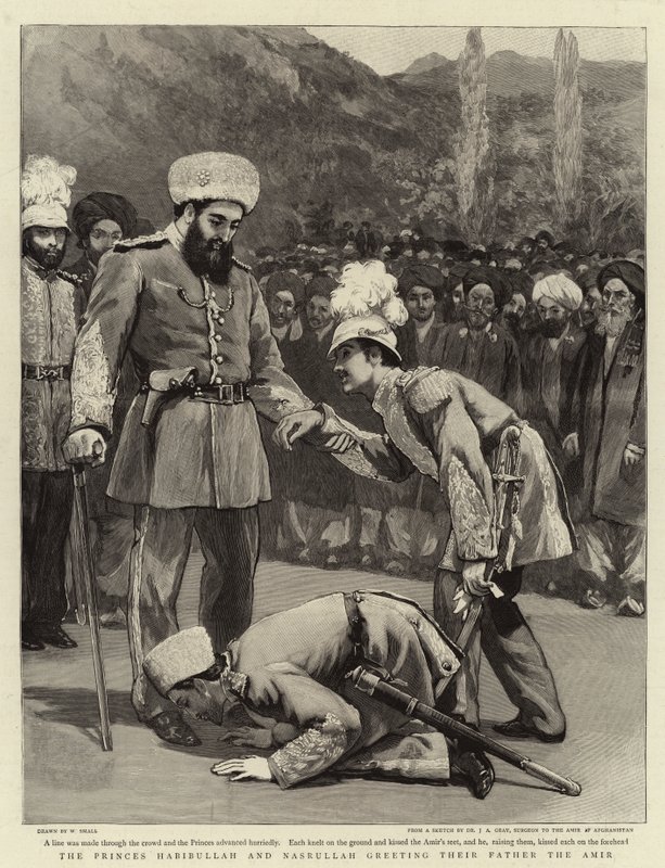 Die Prinzen Habibullah und Nasrullah begrüßen ihren Vater den Amir von William Small