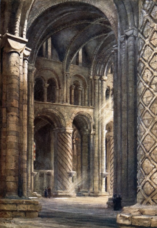 Durham, Innenraum der Kathedrale, Blick über das Kirchenschiff in das südliche Querschiff von William Wiehe Collins