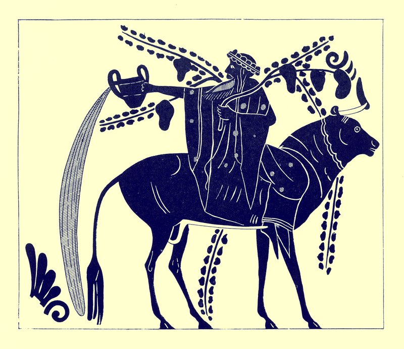 Dionysos reitet auf einem Stier, Illustration aus Griechische Vasenmalereien von J. E. Harrison und D. S. MacColl, veröffentlicht 1894 von after English School