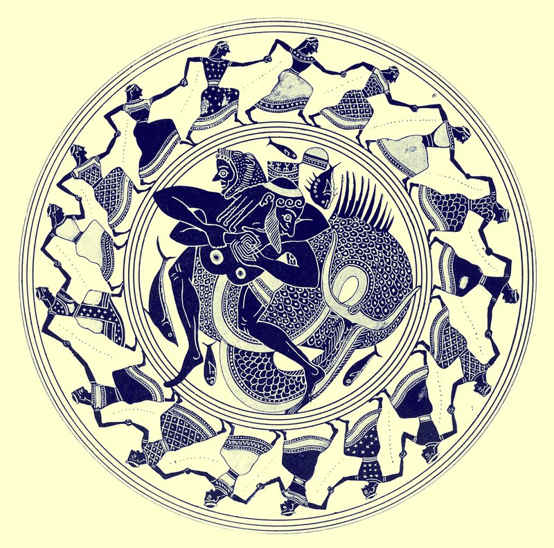 Herakles ringt mit Triton, Illustration aus Griechische Vasenmalereien von J. E. Harrison und D. S. MacColl, veröffentlicht 1894 von after English School