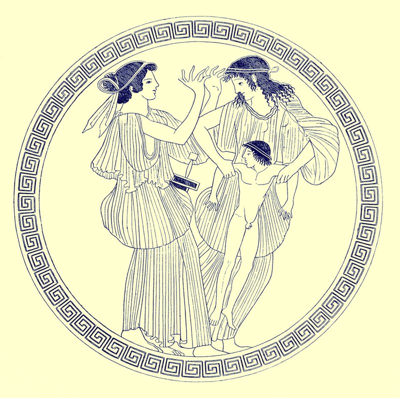 Prokne, Philomela und Itys, Illustration aus Griechische Vasenmalereien von J. E. Harrison und D. S. MacColl, veröffentlicht 1894 von after English School