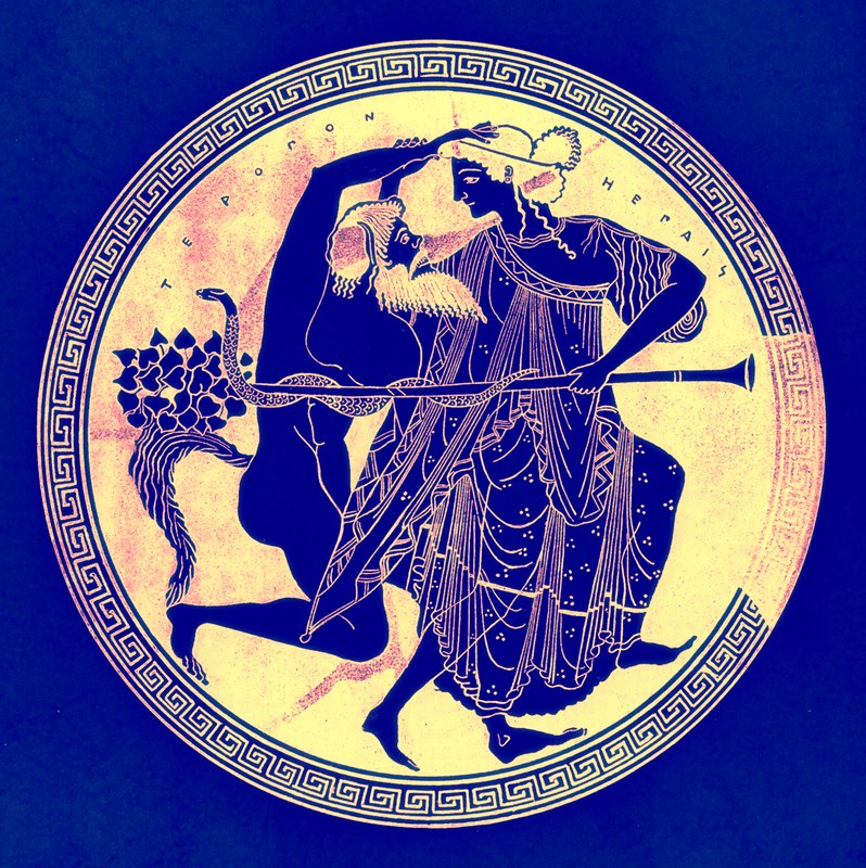 Satyr und Mänade, Illustration aus Griechische Vasenmalereien von J. E. Harrison und D. S. MacColl, veröffentlicht 1894 von after English School