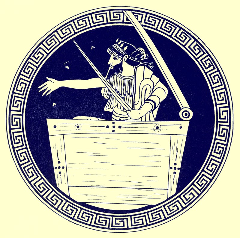 Thoas in der Truhe, Illustration aus Griechische Vasenmalereien von J. E. Harrison und D. S. MacColl, veröffentlicht 1894 von after English School