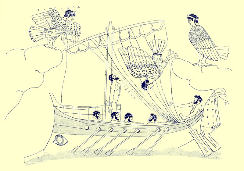 Odysseus und die Sirenen, Illustration aus Griechische Vasenmalereien von J. E. Harrison und D. S. MacColl, veröffentlicht 1894 von after English School