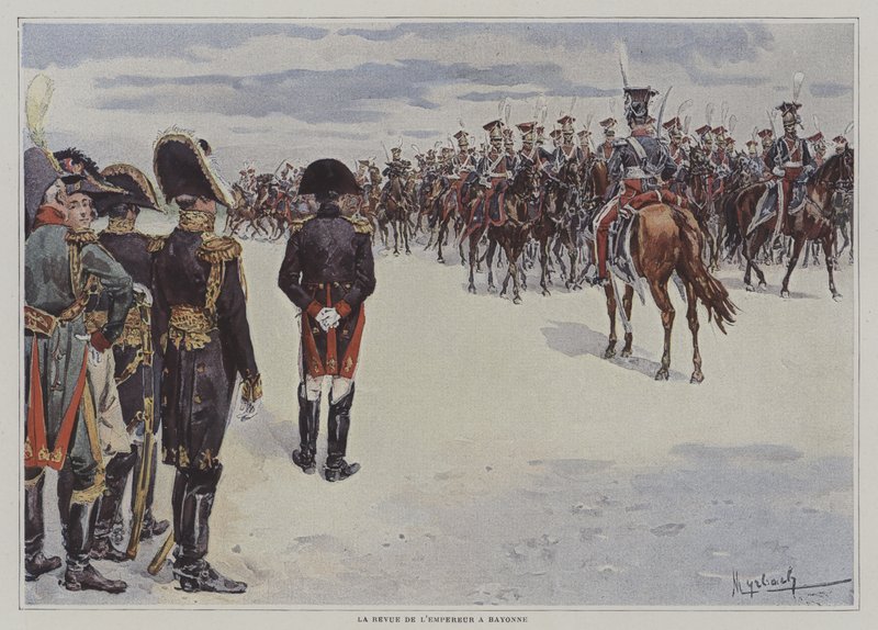 Napoleon inspiziert die Truppen der polnischen leichten Kavallerie in Bayonne von after Felicien baron de Myrbach Rheinfeld