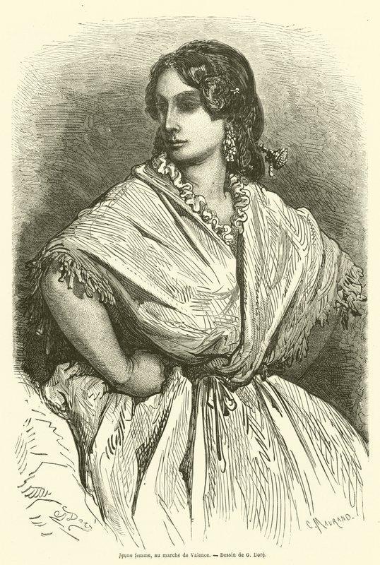 Junge Frau auf dem Markt von Valencia von Gustave after Dore