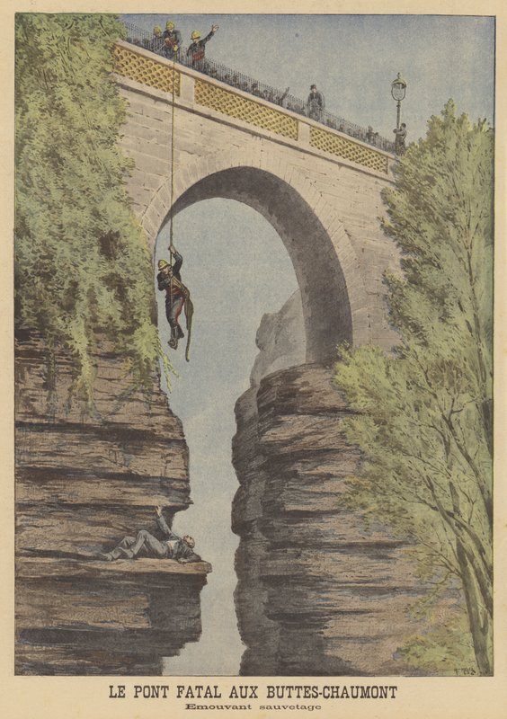 Rettung eines Selbstmordversuchs an der Brücke im Parc des Buttes-Chaumont, Paris von after Henri Meyer