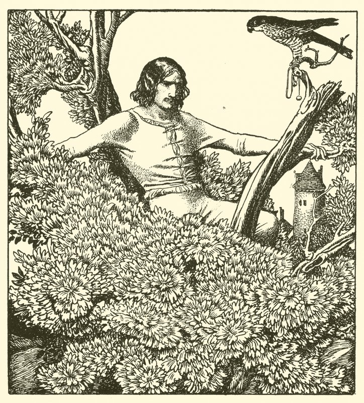 Sir Launcelot klettert, um den Falken der Dame zu fangen von after Howard Pyle