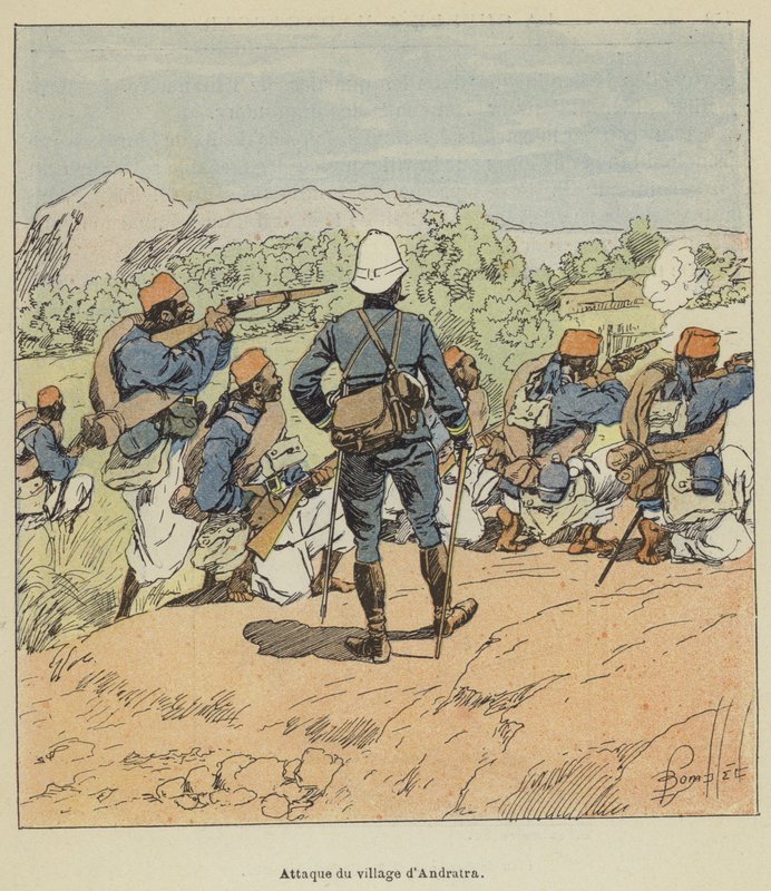 Angriff auf das Dorf Andratra von after Louis Charles Bombled