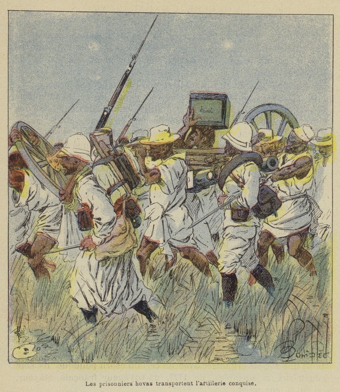 Die gefangenen Hova transportieren die eroberte Artillerie von after Louis Charles Bombled