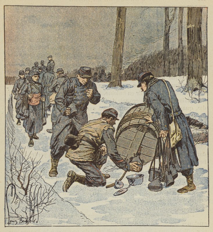 Die Soldaten der Marineinfanterie füllen ihre Flaschen mit Rum aus einem Fass von after Louis Charles Bombled