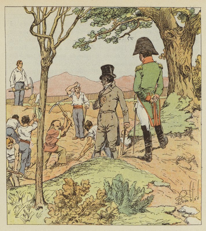 Napoleon untersucht die Befestigungen, die der Gouverneur um Longwood errichten lässt von after Louis Charles Bombled