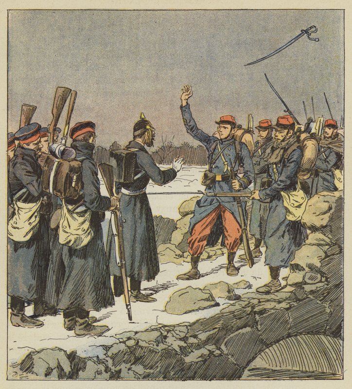 Ein deutscher Offizier gibt einem französischen Korporal sein Schwert zurück, der es in den Wind wirft von after Louis Charles Bombled
