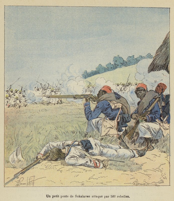 Ein kleiner Posten der Sakalaves wird von 500 Rebellen angegriffen von after Louis Charles Bombled