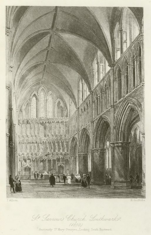 St. Saviours Kirche, Southwark, 1850, ehemals St. Mary Overyes, Blick nach Südosten von after Thomas Allom