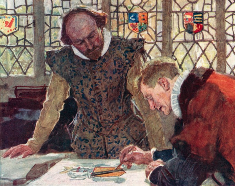 Shakespeare am Heralds College auf dem Pauls Wharf Hill, um das Wappen seines Vaters zu besprechen von after William Hatherell