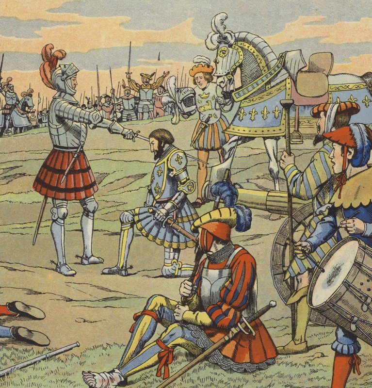 König Franz I. von Frankreich erhält seine Ritterschaft vom Chevalier de Bayard nach der Schlacht von Marignano von pseudonym for Onfray de Breville Jacques Job