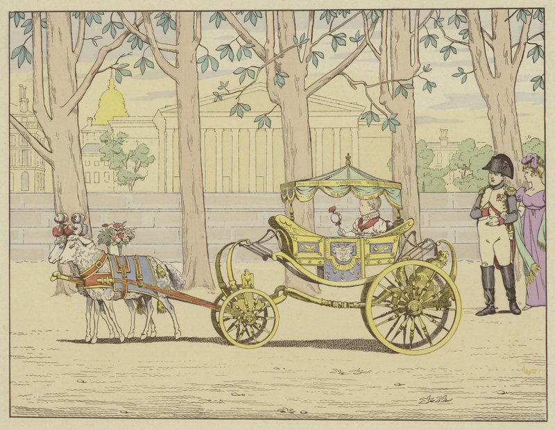 Herrscher der Welt, er ist der glücklichste Vater. Napoleon beobachtet den König von Italien, wie er seine ersten Schritte in einem von Ziegen gezogenen Wagen macht von pseudonym for Onfray de Breville Jacques Job
