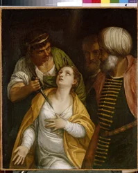 Das Martyrium der hl. Justina. Justina von Padua (geboren im 3. Jahrhundert-304), Märtyrerin des antiken Roms, wurde mit einem Schwert durchbohrt. Gemälde von Paolo Veronese (1528-1588)