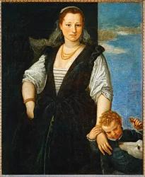 Portrait einer Frau mit einem Kind und einem Hund