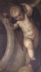 Putto mit einer roten Blume