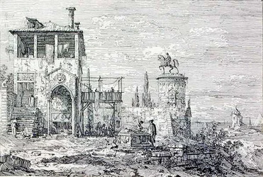 Landschaft mit einem Reiterdenkmal (Gravur)