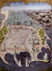 Angriff östlicher Schiffe auf Rhodos im Jahr 1482 - nach Miniatur