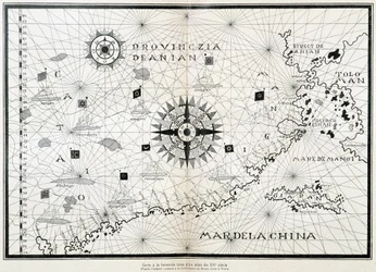 Karte des Kompasses aus einem Atlas des 16. Jahrhunderts, basierend auf dem Original, das in der Bibliothek des Museo Civico in Venedig aufbewahrt wird