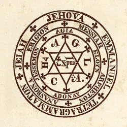 Okkulte Wissenschaften: Magischer Kreis. Schema aus "De Occulta Philosophia" von dem deutschen Okkultisten Heinrich Cornelius Agrippa von Nettesheim (1486-1535) (bekannt als Cornelius Agrippa oder Agrippa von Nettesheim)