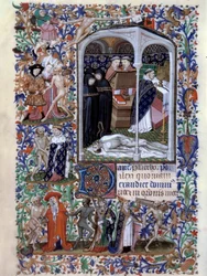 Szene einer Trauerzeremonie und makabren Tanzes. Miniatur aus dem Stundenbuch für den Gebrauch in Paris, illuminiert vom Atelier des Meisters von Boucicaut, ca. 1415. Paris, B.N.