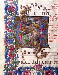 Illuminierte Initiale, die die Anbetung der Heiligen Drei Könige darstellt. Miniatur von Liberale da Verona (1445-1529) aus einem Chorbuch (Cod. 24/9. c.67v) aus der Kathedrale von Siena. 15. Jahrhundert. Kathedrale (Duomo) von Siena, Italien