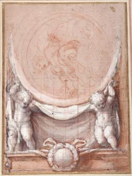 Zwei Putti, die ein Medaillon stützen, auf dem der wolkentragende Christus dargestellt ist