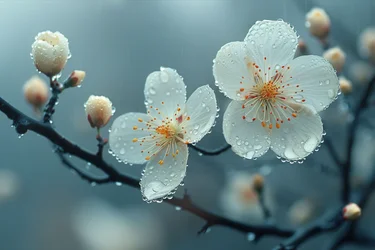 Weiße Blumen unter dem Morgentau
