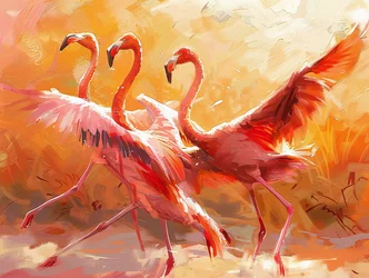 Abstraktes Gemälde von tanzenden Flamingos