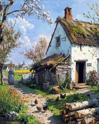 Geflügelvögel vor einer traditionellen Hütte auf dem Land