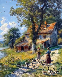 Landmädchen kümmert sich um eine Entenschar