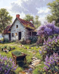 Traditionelles Bauernhaus umgeben von rosa Blumen