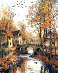 Traditionelles Haus und Brücke über den Fluss