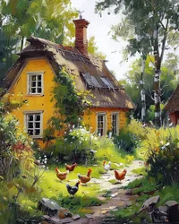 Holzhaus auf dem Land mit blühenden Obstgärten