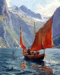 Ein Segelboot in einem Tal zwischen den Bergen