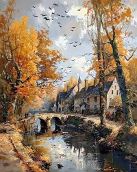 Eine alte Brücke mit einem Bach darunter in einer kleinen Stadt