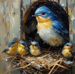 Ein bunter Vogel & sein Junges in einem Nest im Baum, Wanddekoration für Schlafzimmer