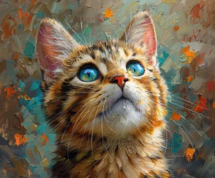 Eine süße Katze mit blauen Augen, die nach oben schaut, Nahaufnahme Tiergesicht, Wanddekoration