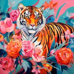 Abstraktes Gemälde Pfingstrose & Tiger, lebendige Farben