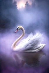Weißer Schwan mit ausgebreiteten Flügeln auf ruhiger Wasseroberfläche