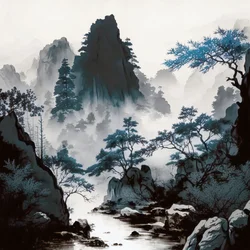 Cyanotypie Bergflussnebel im Shan Shui Stil