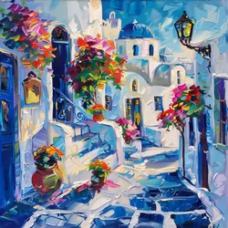 Thira mit schönen Straßenlaternen