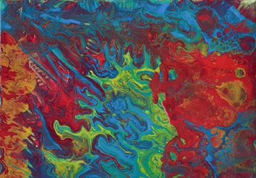 Abstrakte Acrylgießerei in Rot, Blau und Gelb