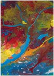 Abstrakte Acrylgießerei in Rot, Blau und Gelb
